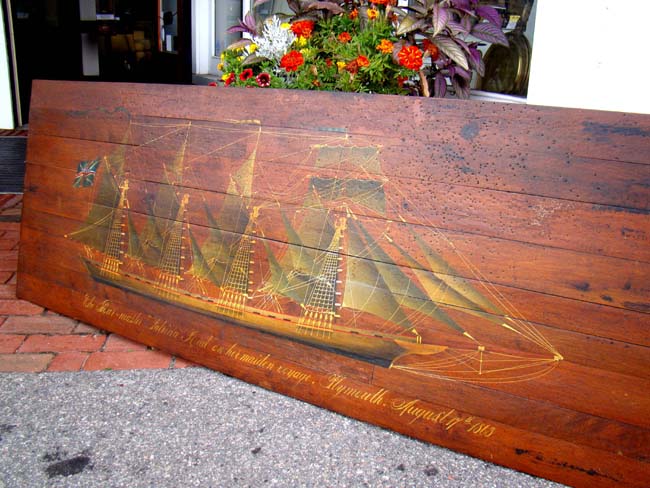 A hand painted panel depicting the British four-masted ship "Lahinia" on her maiden voyage August 17, 1813